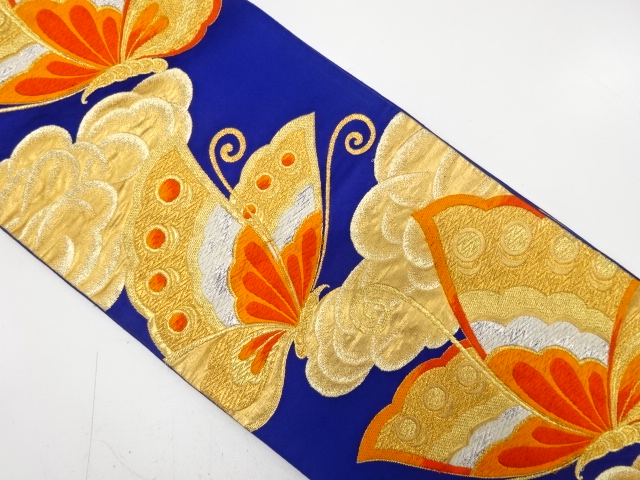 JAPANESE KIMONO / ANTIQUE FUKURO OBI / SILK / WOVEN BUTTERFLY & CLOUDS